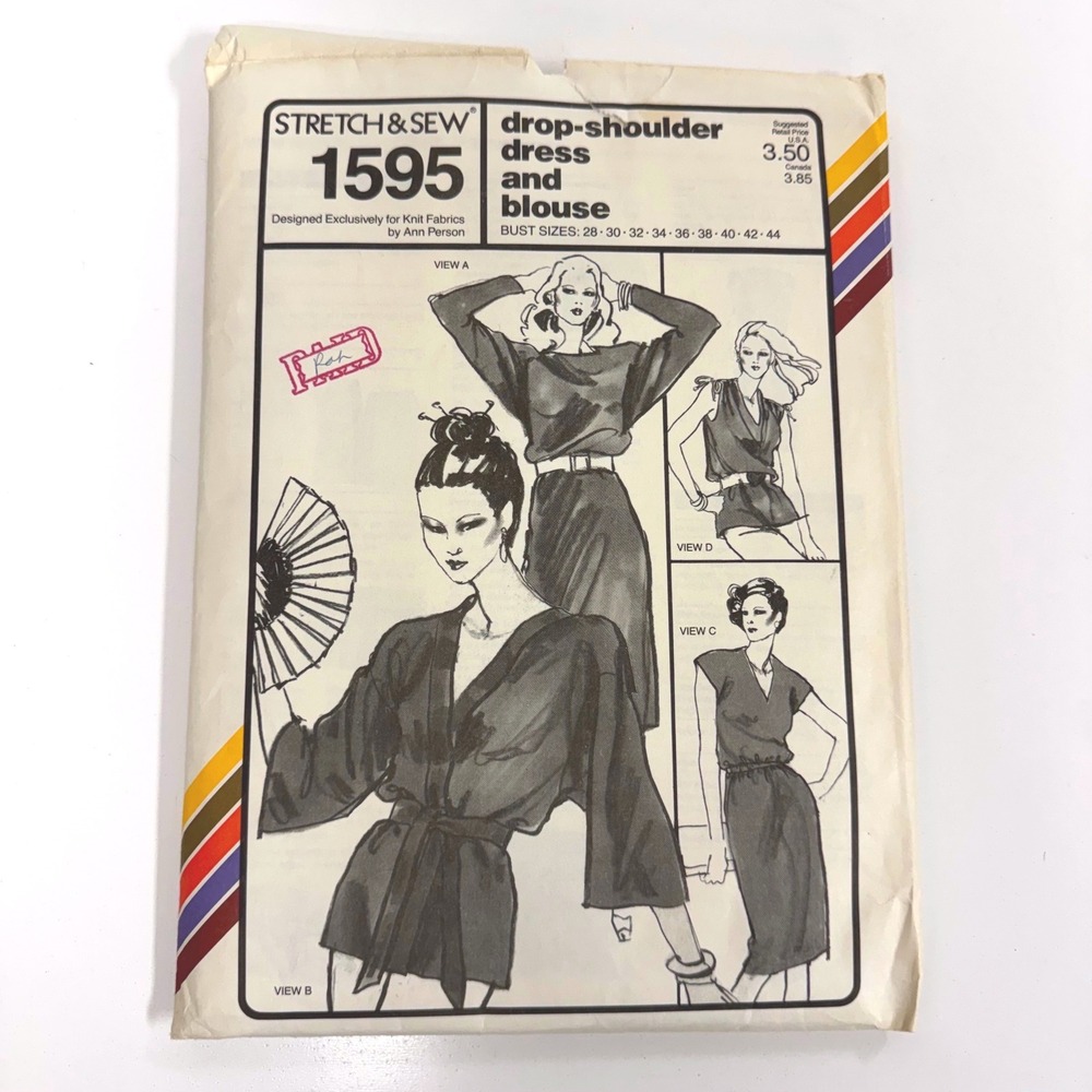 Vintage Stretch & Sew #1595 Drop-Shoulder Dress Blouse Pattern 1979 UNCUT